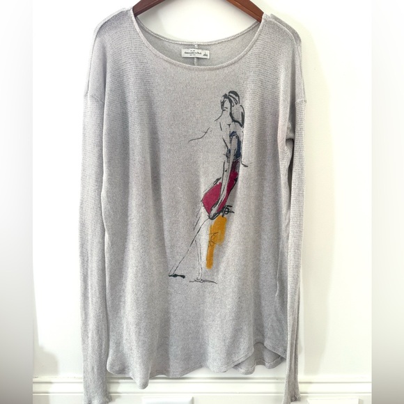 Abercrombie & Fitch Women Top Shirt Heather Gray Artistic Long Sleeve Tee Size L - Picture 2 of 16